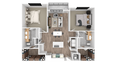a 3d floor plan of a bedroom with a bathroom and a living room